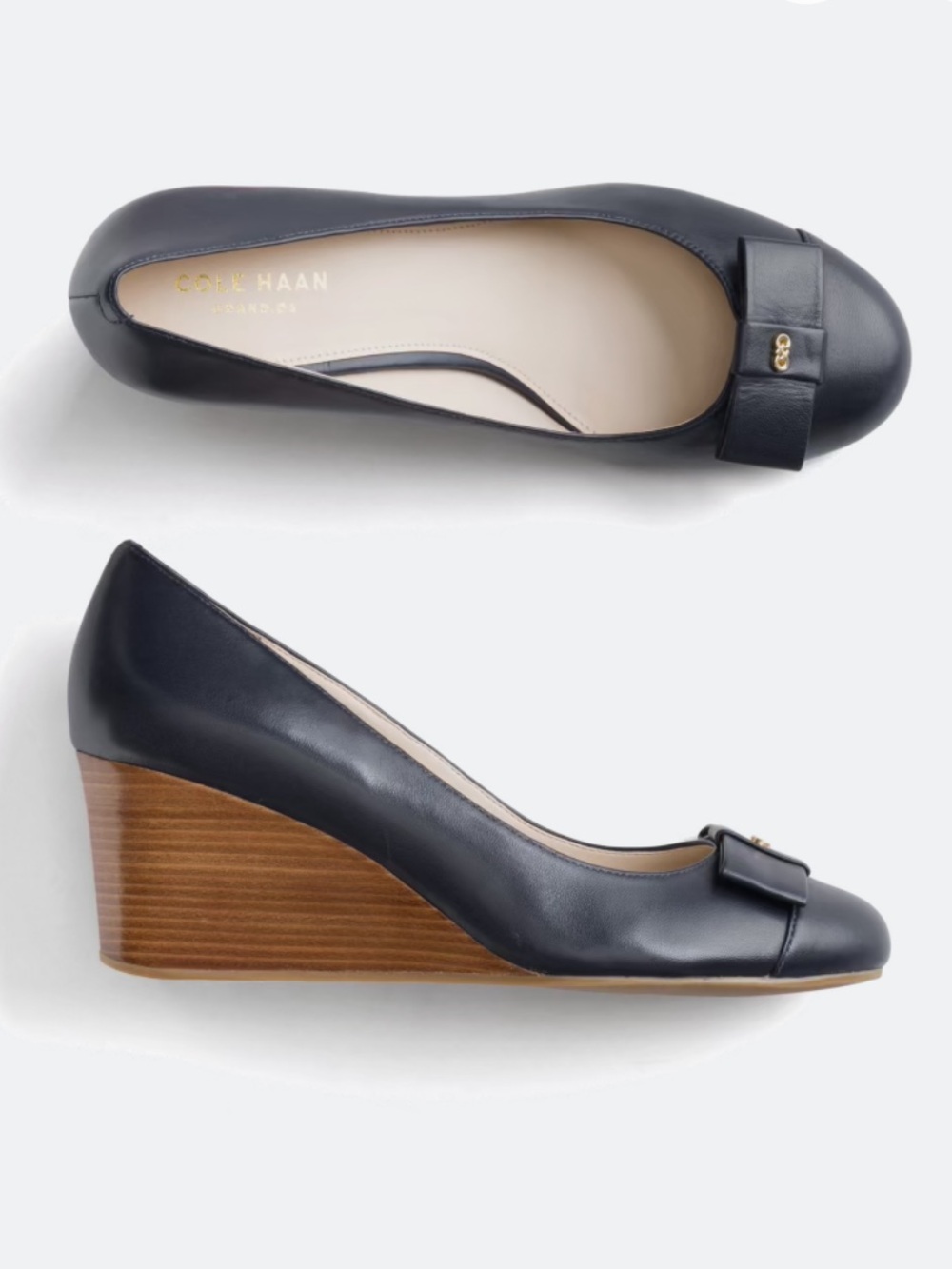 Cole Haan Navy Leather Bow Wedge with Wood-Tone Heel